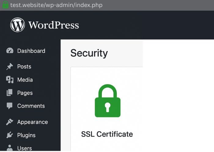 WordPress dashboard showing SSL padlock
